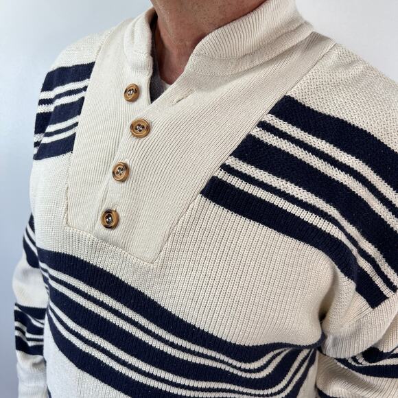Vintage 90s Eddie Bauer Stripe Pullover Sweater Ivory Cotton Wool Free - Picture 4 of 6